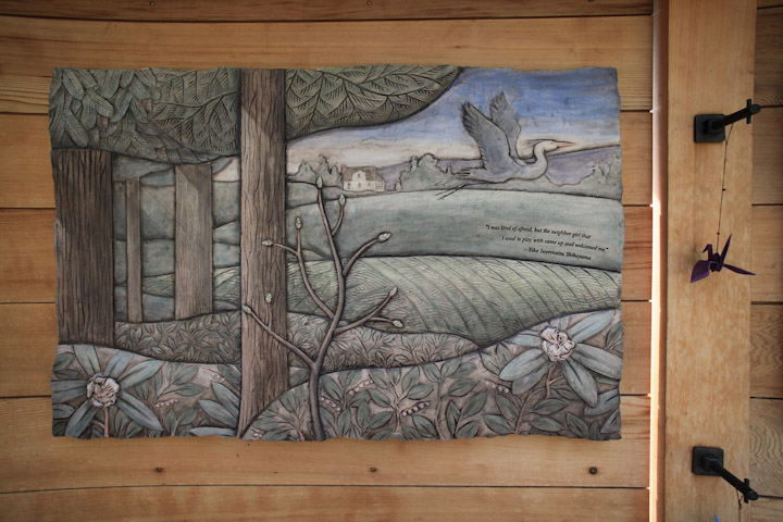 Left "Return" panel.  Terra cotta, slips and glazes.
27" x 40" x 1.5"